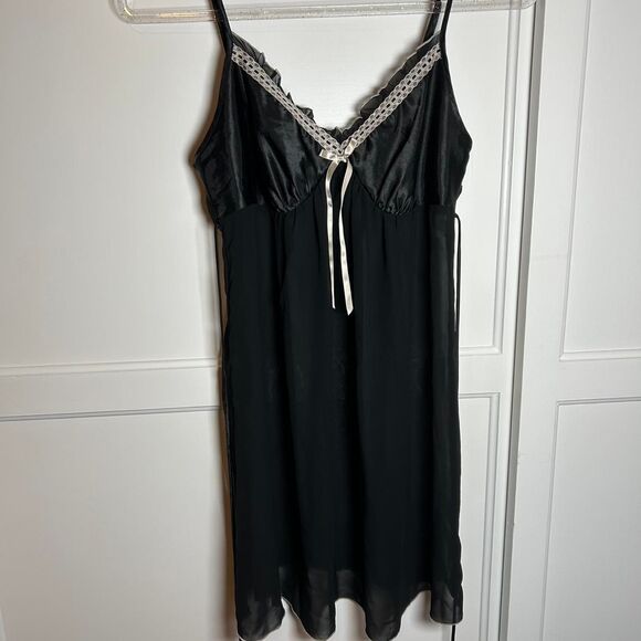 VINTAGE Y2K Linea Donatella Women's Micro Mesh and Satin Black Dress w Lace - Picture 2 of 5